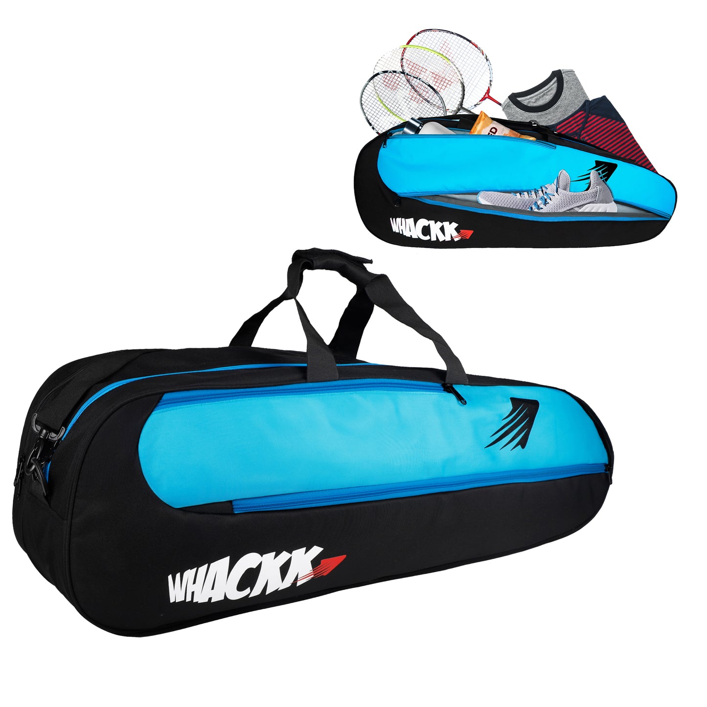 Birdie 45L Black Blue| Unisex Lightweight Tennis Badminton Squash Equipment Cover Kit Bag Shoe Pocket | Air Ventilated Pocket for Wet Clothes | 4T 6B Racket | Backpack & Duffel