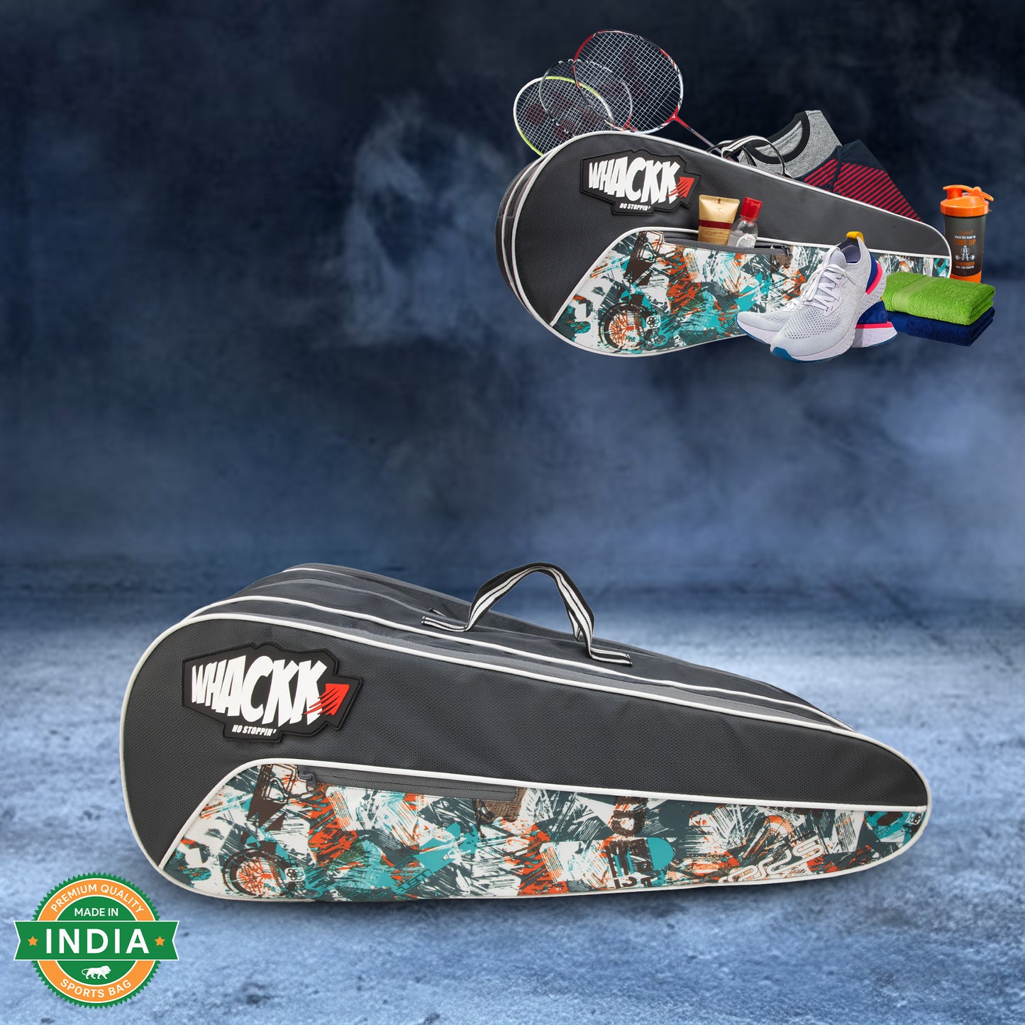 Team Grey Printed 45L Tennis Badminton Squash Equipment Cover Kit Bag 3 Big Compartments 4T 6B Racket | Backpack & Duffel