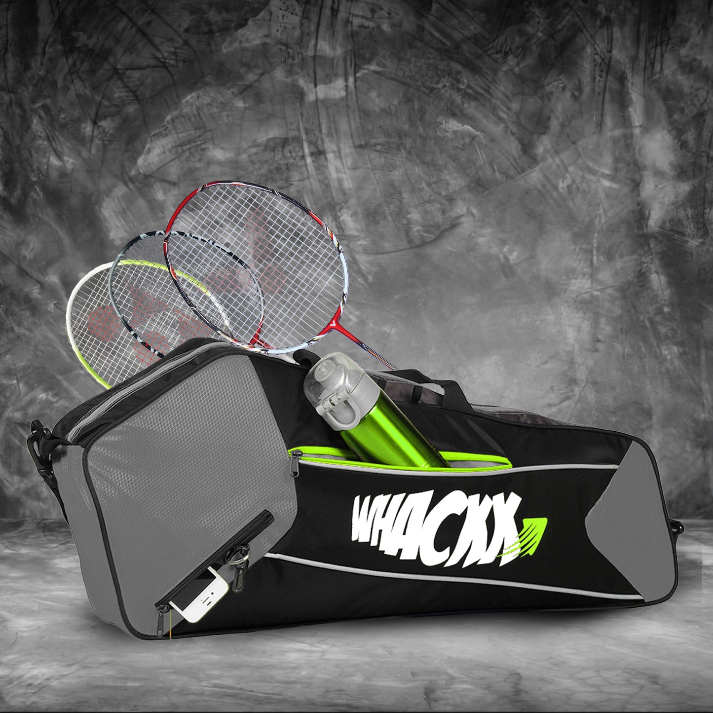 Break Point Black Grey Unisex Lightweight Stylish Tennis Badminton Squash Shuttle Equipment Kit Bag Cover | Water Bottle & Mobile Pocket |Rackets Tennis-4 Squash-4 Badminton-8