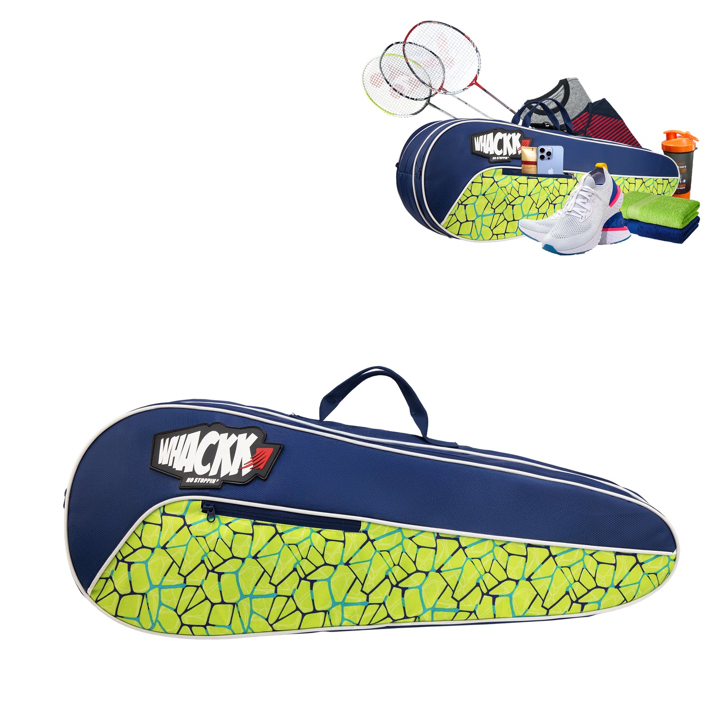 Team Navy Green Printed 45L Tennis Badminton Squash Equipment Cover Kit Bag 3 Big Compartments 4T 6B Racket | Backpack & Duffel