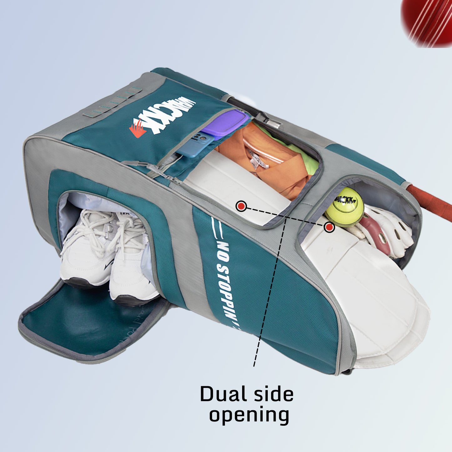 WHACKK Dev 65L Cricket Kit Bag Blue Grey| Quick Access Design| Spacious Main Compartment| Bat Holder| Shoe/Helmet Pocket| Bottle Holder| Padded Straps