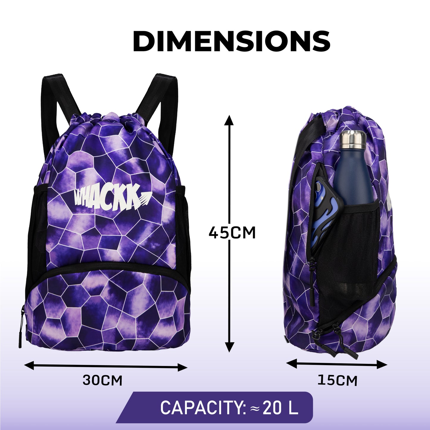WHACKK Circuit Purple 20L Drawstring Bag | Waterproof Swimming Football Basketball & Sports Backpack | Separate Ball/Shoe Compartment | Wet Pocket | Dual Bottle Holders | Utility Pockets