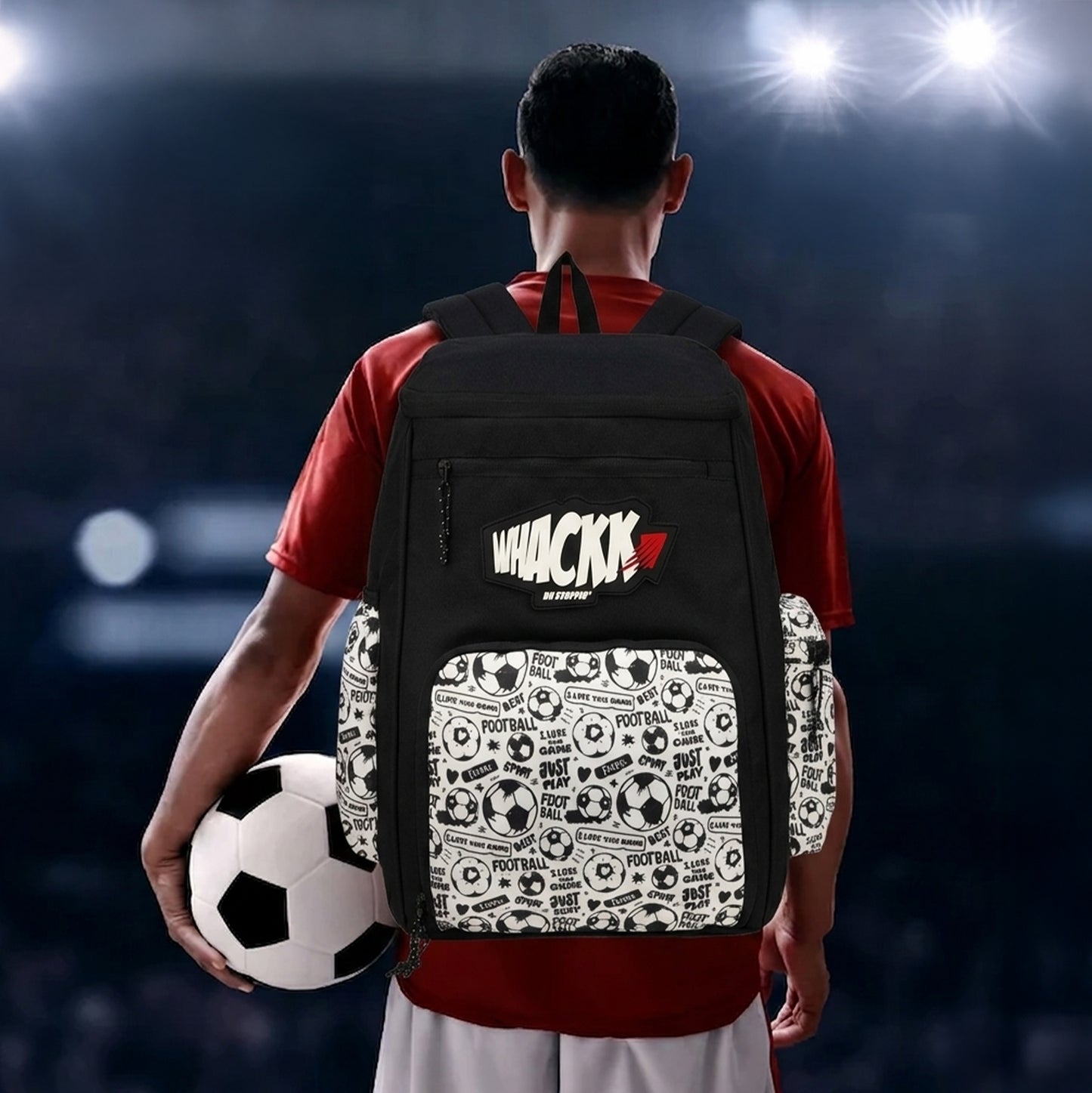 WHACKK Figo Football Bag Black White 44L | Sports Backpack with Ball Holder, Detachable Wet Drawstring Pouch, Utility Pockets & Large Capacity for Gear