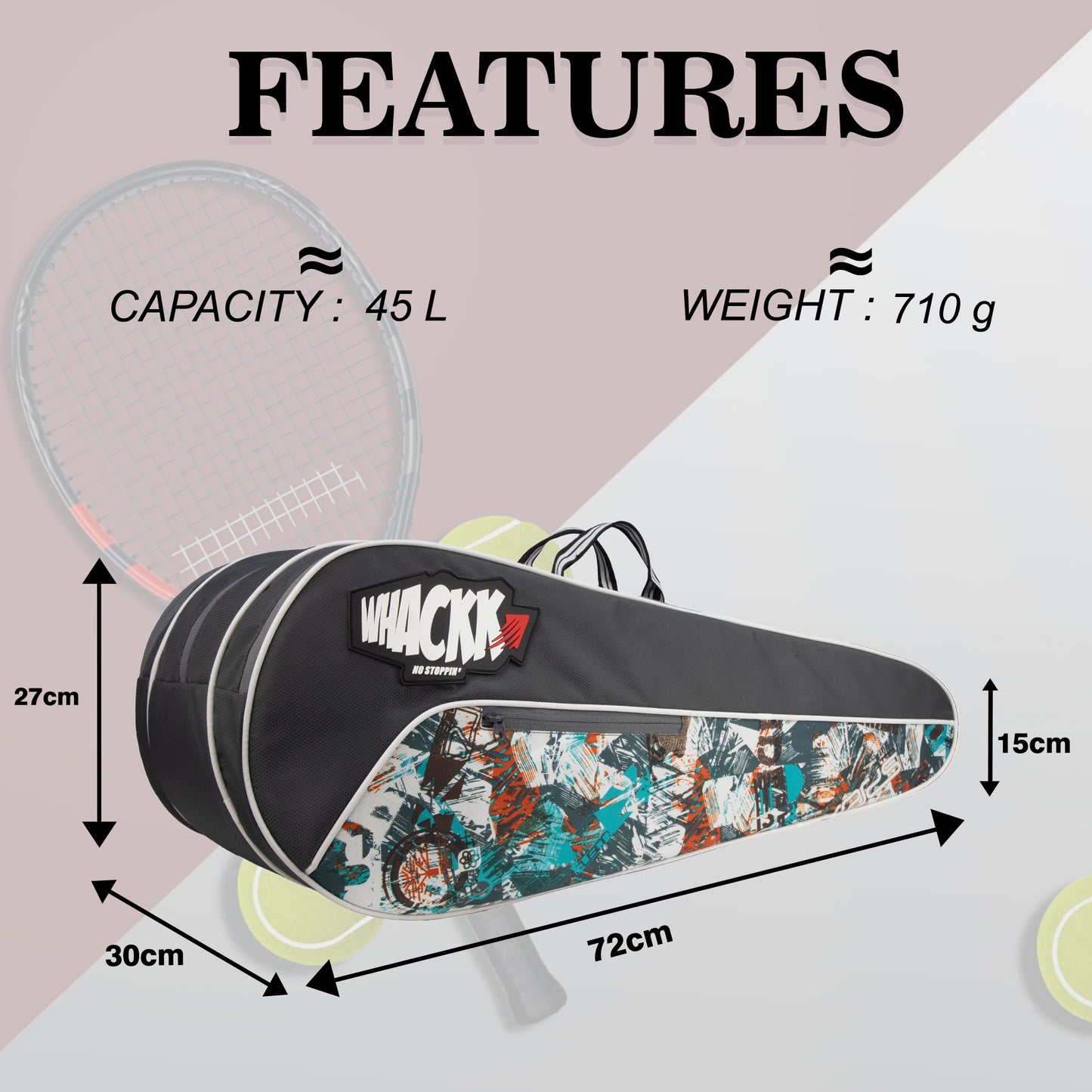 Team Grey Printed 45L Tennis Badminton Squash Equipment Cover Kit Bag 3 Big Compartments 4T 6B Racket | Backpack & Duffel