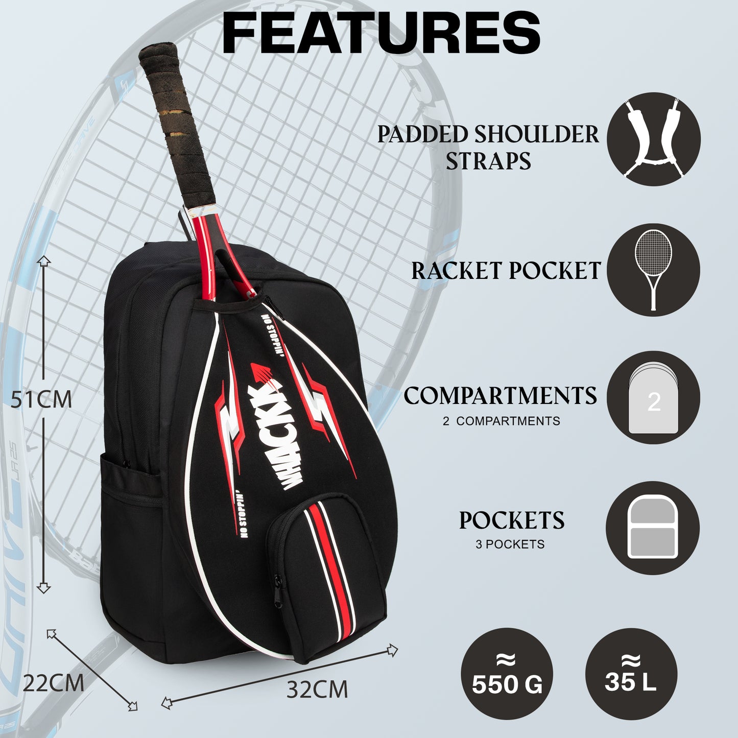 DropShot Black 35L Tennis Badminton Pickelball Squash Equipment Bag