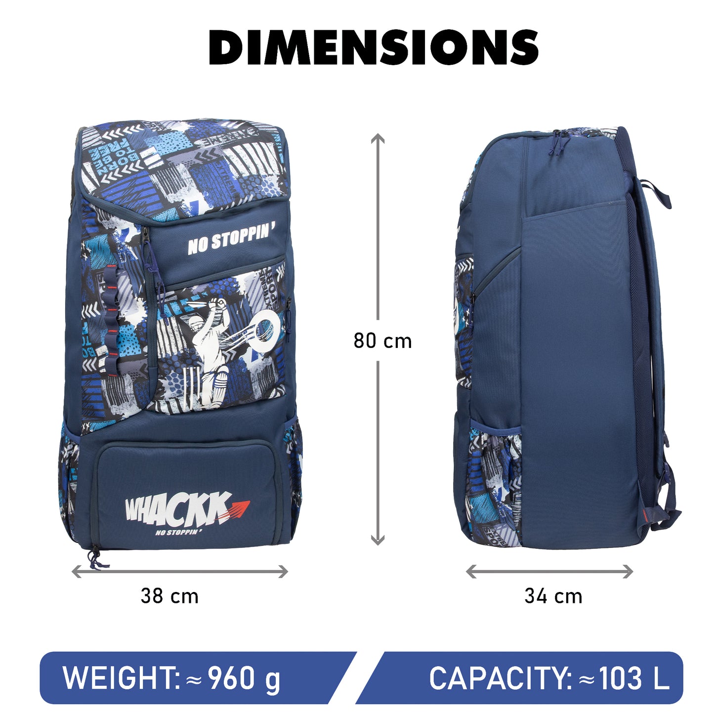 Kallis Navy Printed 103L Unisex Cricket Kit Bag Backpack|Adult Size|2 Bat|Shoe/Helmet Pocket|Main Compartment 18" Leg Pad|2 Bottle Holder|Easy Access Pocket|Player Edition Senior