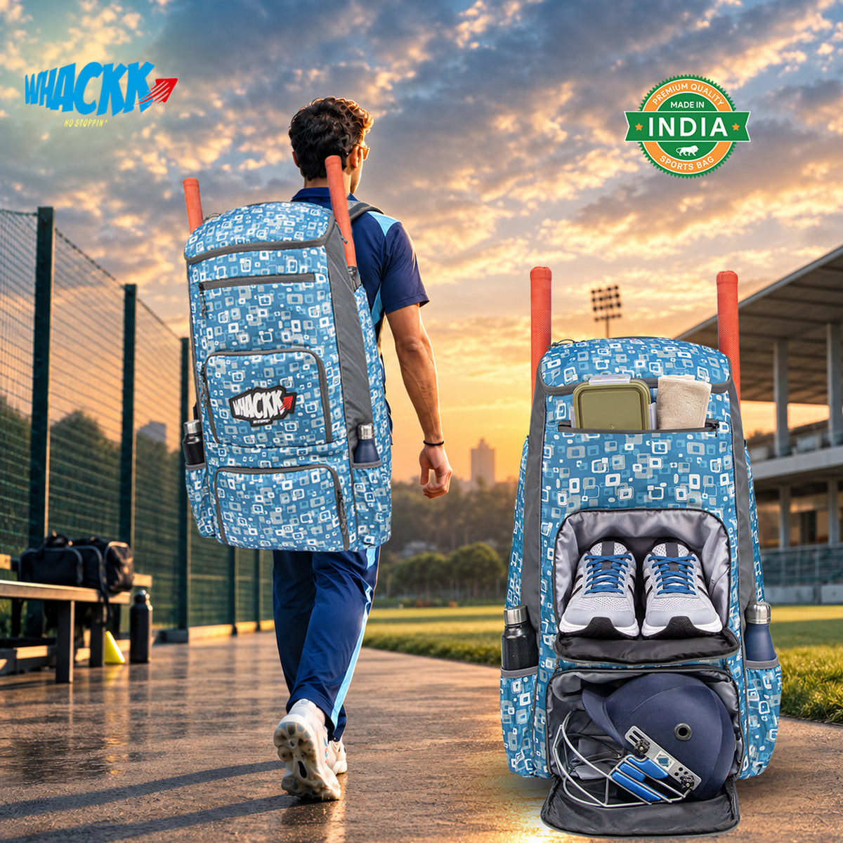WHACKK Pollock Adult Cricket Kit Bag Blue Grey | Full Size Bag with Padded Double Bat Sleeve, Shoe & Helmet Pocket | Spacious Cricket Bag for Men & Club Players