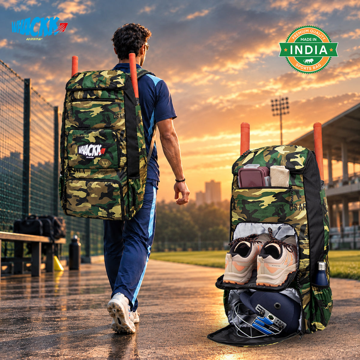 WHACKK Pollock Adult Cricket Kit Bag Black Camouflage | Full Size Bag with Padded Double Bat Sleeve, Shoe & Helmet Pocket | Spacious Cricket Bag for Men & Club Players