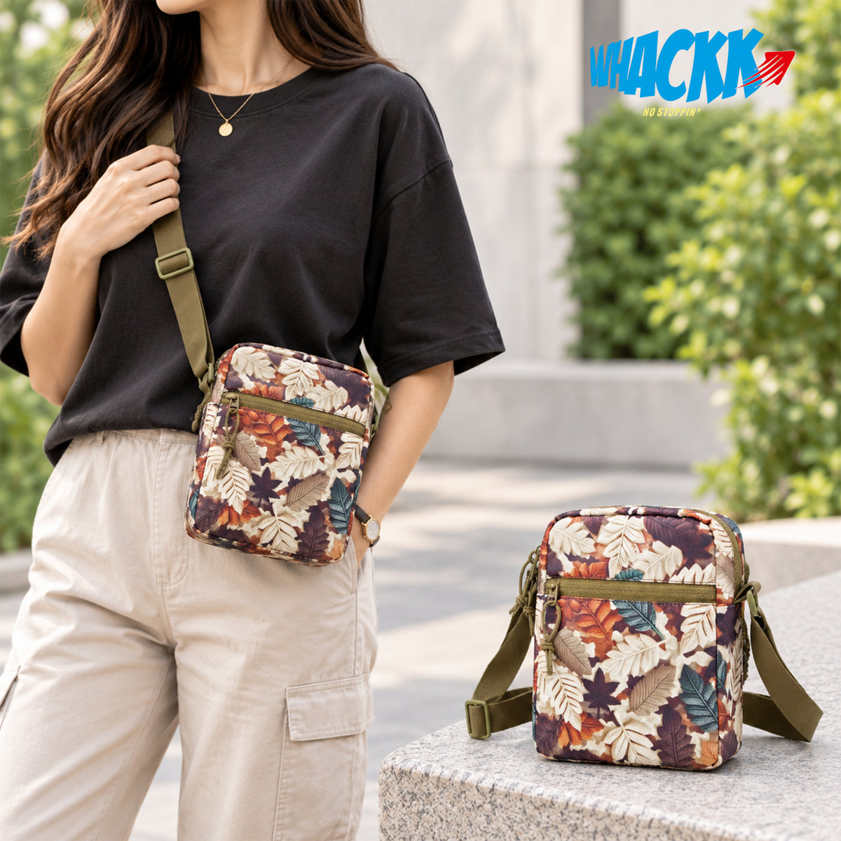 Whackk Freegait Leaves Crossbody Bag | Water Resistance Side Bag, Travel Bag, Office Business Bag, Messenger Bag | Sling Bag for Men and Women Adjustable Strap