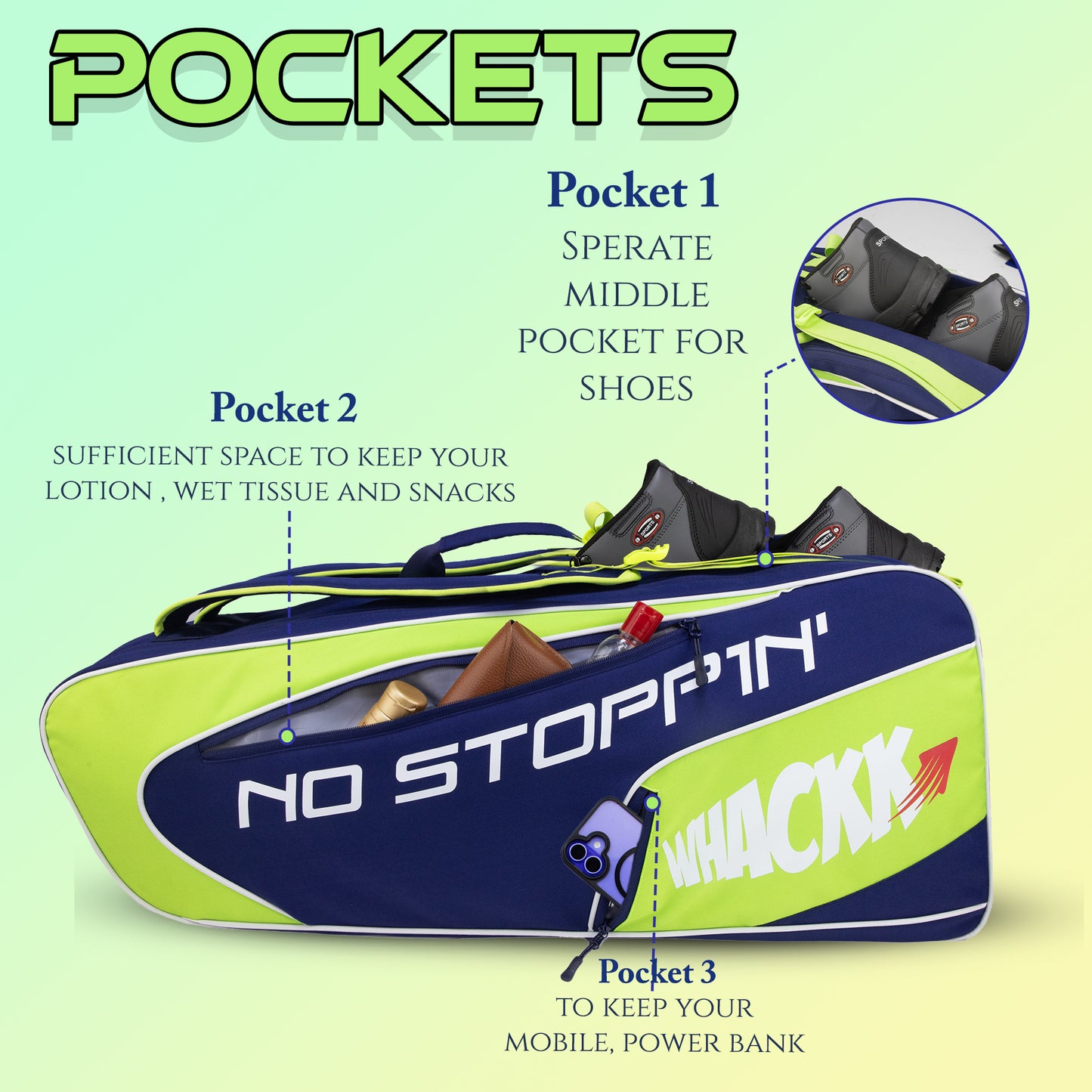 Connor Navy Blue Green Printed 52L Tennis Badminton Squash Equipment Cover Kit Bag 3 Big Compartments 4T 8B Racket | Backpack & Duffel