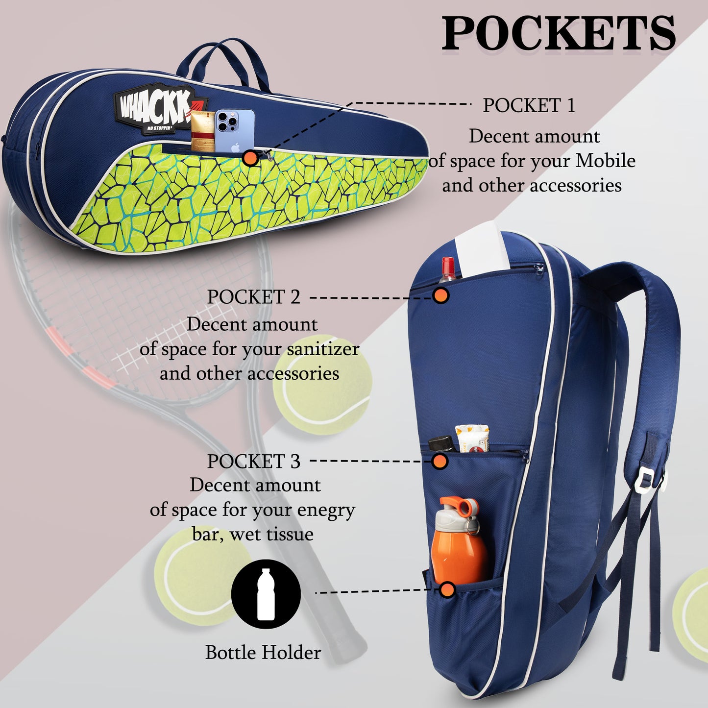Team Navy Green Printed 45L Tennis Badminton Squash Equipment Cover Kit Bag 3 Big Compartments 4T 6B Racket | Backpack & Duffel