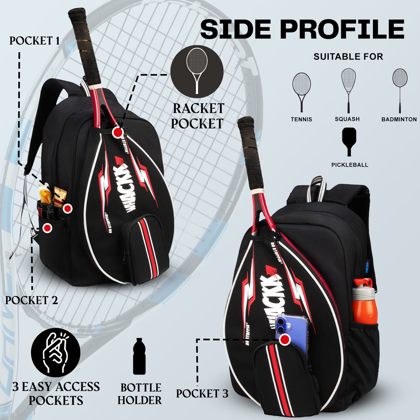DropShot Black 35L Tennis Badminton Pickelball Squash Equipment Bag