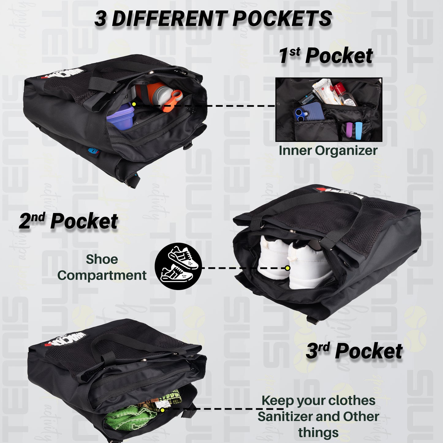 Borg Black 23L Tennis Badminton Squash Shoulder Bag/Sep Shoe Pocket/Bottle Holder/Organiser