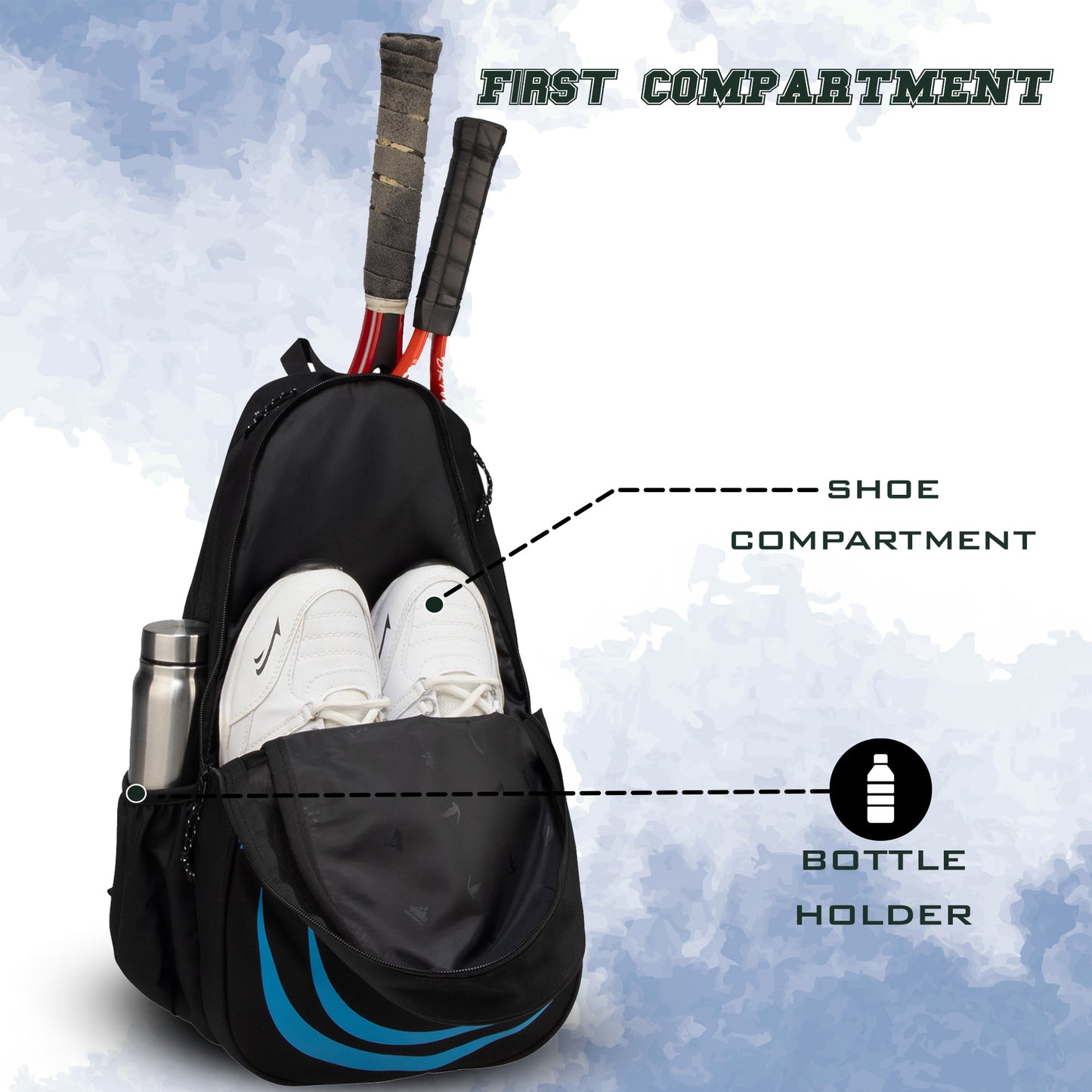 Ace Navy Black 28L Unisex Lightweight Stylish Tennis Badminton Squash Equipment Kit Bag | Shuttle Bag |Shoe Pocket| Backpack Style | Spacious Storage Compartment| Rackets Tennis-6 Badminton-8