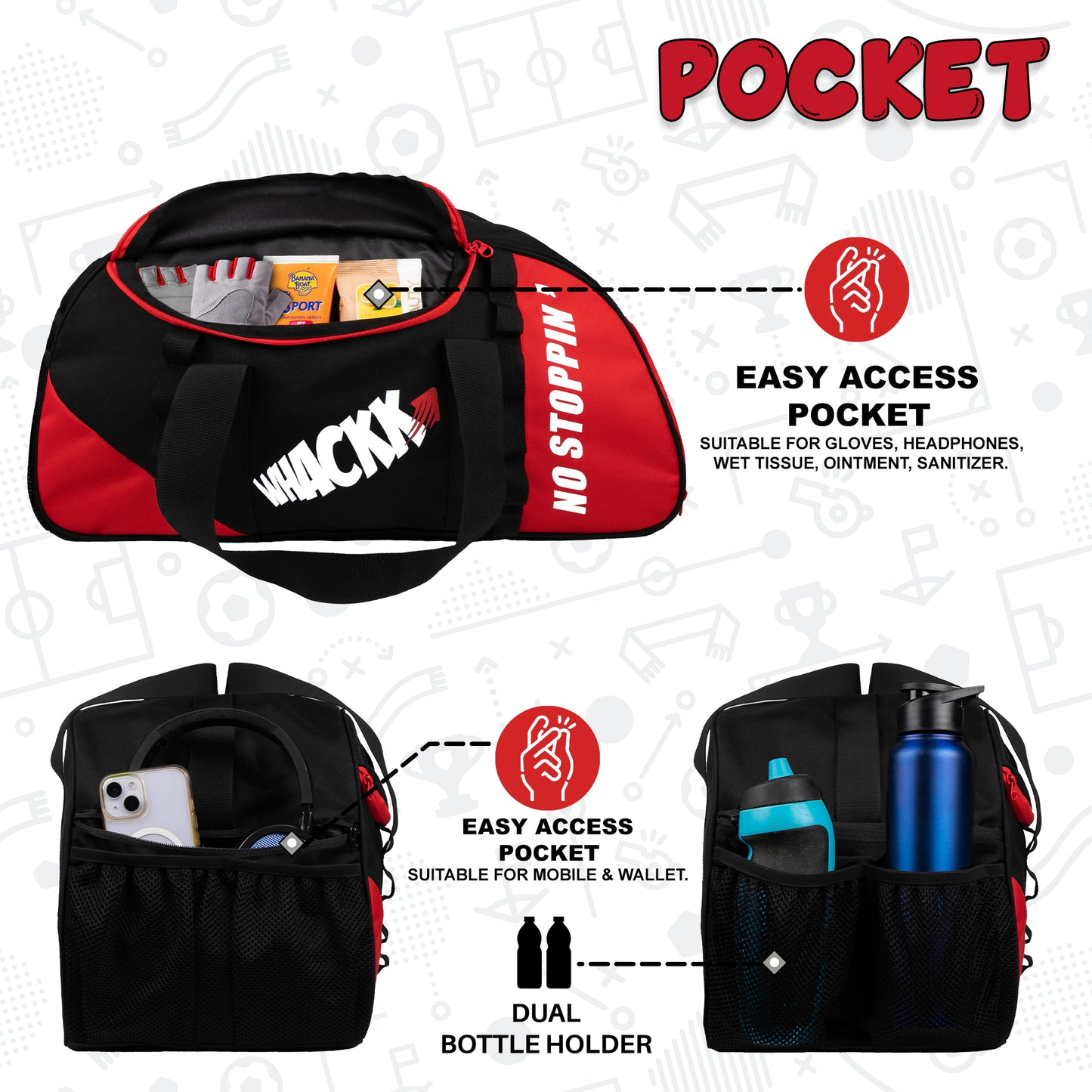 Attirant Red Black 32L |Gym Fitness workout Training Sports Travel duffle bag separate shoe pocket |Multipurpose Carry Bag | Adjustable Strap|Unisex|Lightweight |Sports Kit | Swimming | Men Women