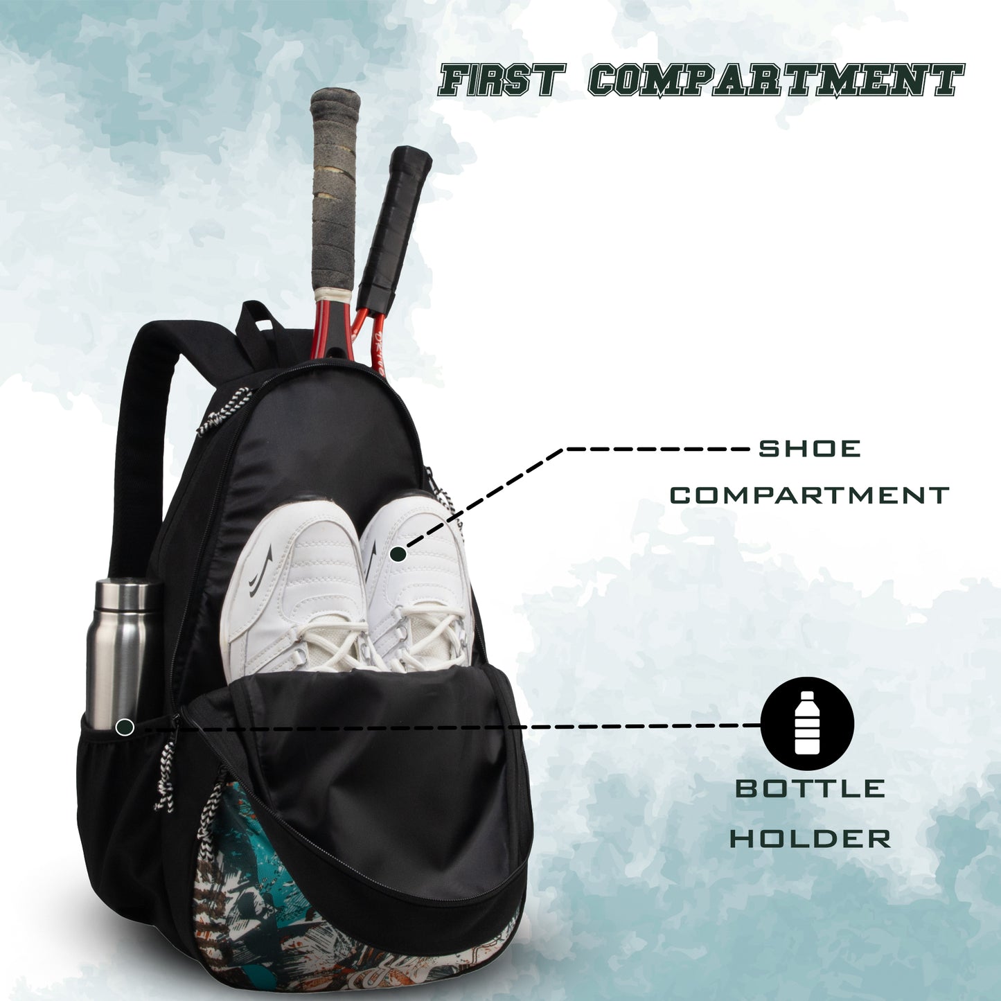 Ace Printed 28L Unisex Lightweight Stylish Tennis Badminton Squash Equipment Kit Bag | Shuttle Bag |Shoe Pocket| Backpack Style | Spacious Storage Compartment| Rackets Tennis-6 Badminton-8