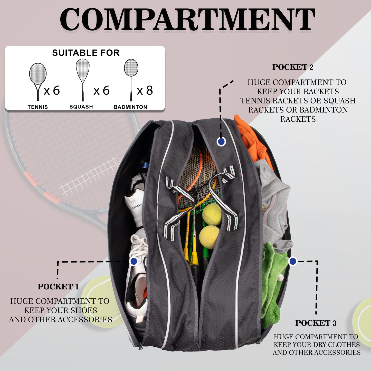 Team Grey Printed 45L Tennis Badminton Squash Equipment Cover Kit Bag 3 Big Compartments 4T 6B Racket | Backpack & Duffel