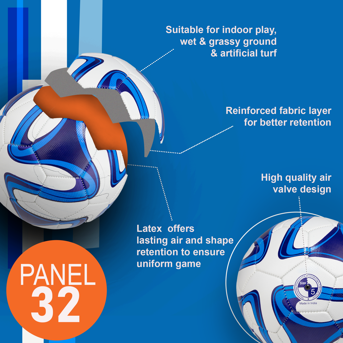 Whackk Pele Blue & White Football (Size 5) – 32-Panel Durable PVC Ball