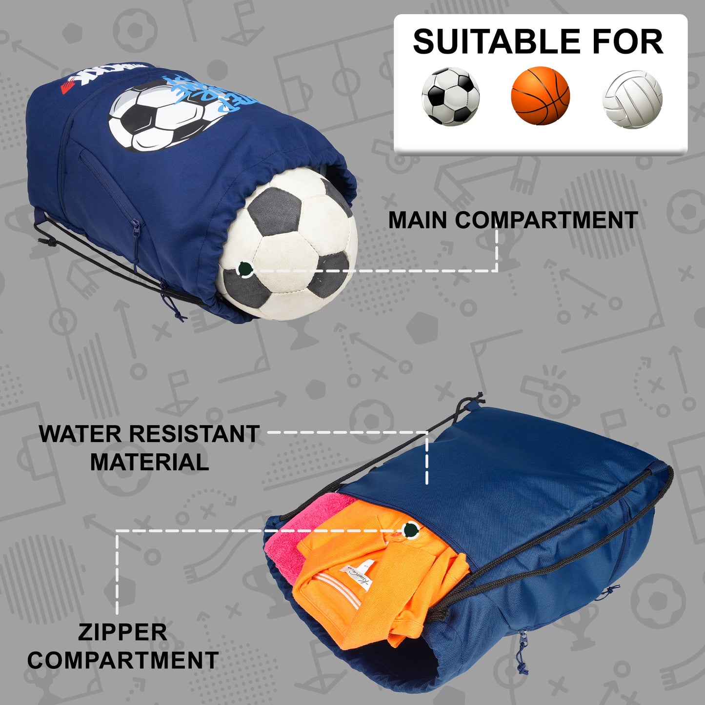 Blitz Blue Soccer| Football Equipment Bags| Basketball Volleyball Throwball Drawstring Backpack Bags| Shoes Mobile Bottle Holder Pocket| Sports Men Boys Bag| Dori Backpack |Gym Bag| Kitbag Kit Bag