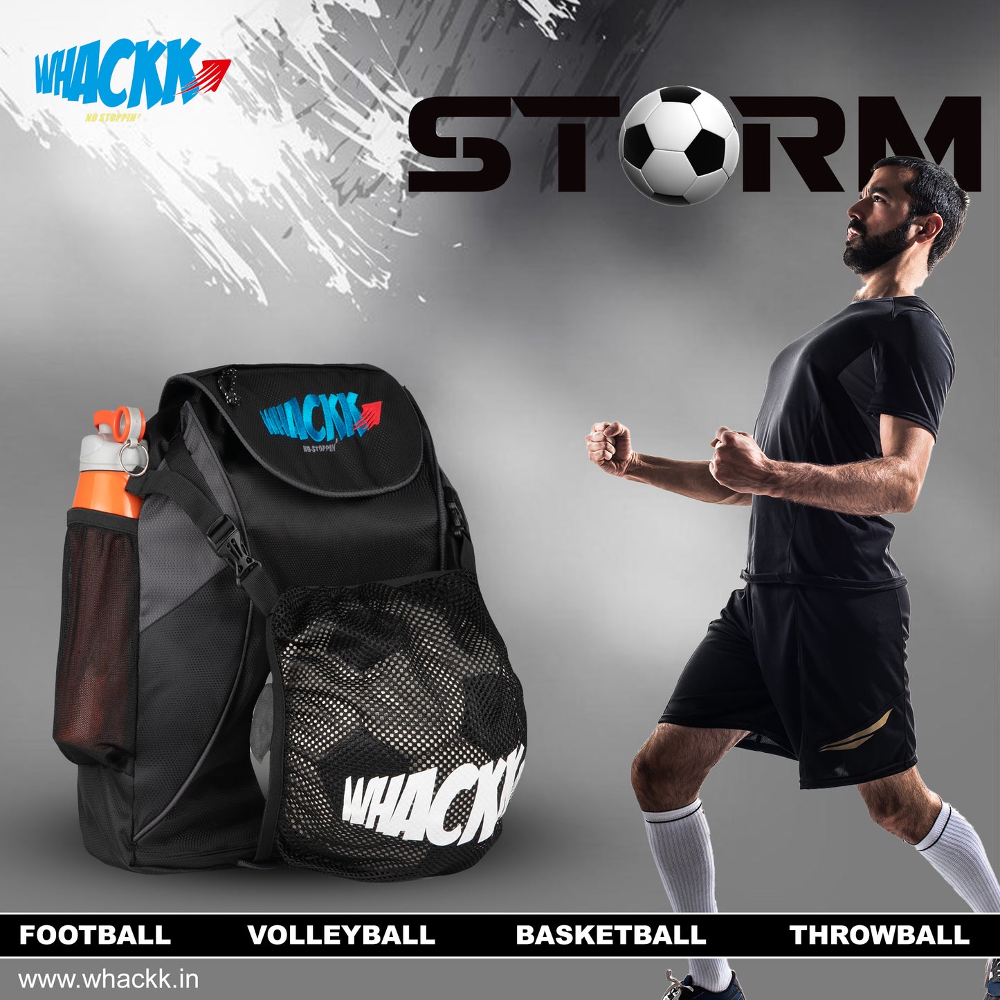Storm Soccer Black Football Equipment Bag | Sports Men Boys Drawstring Backpack | Mobile Bottle Holder Pocket | Gym Bag