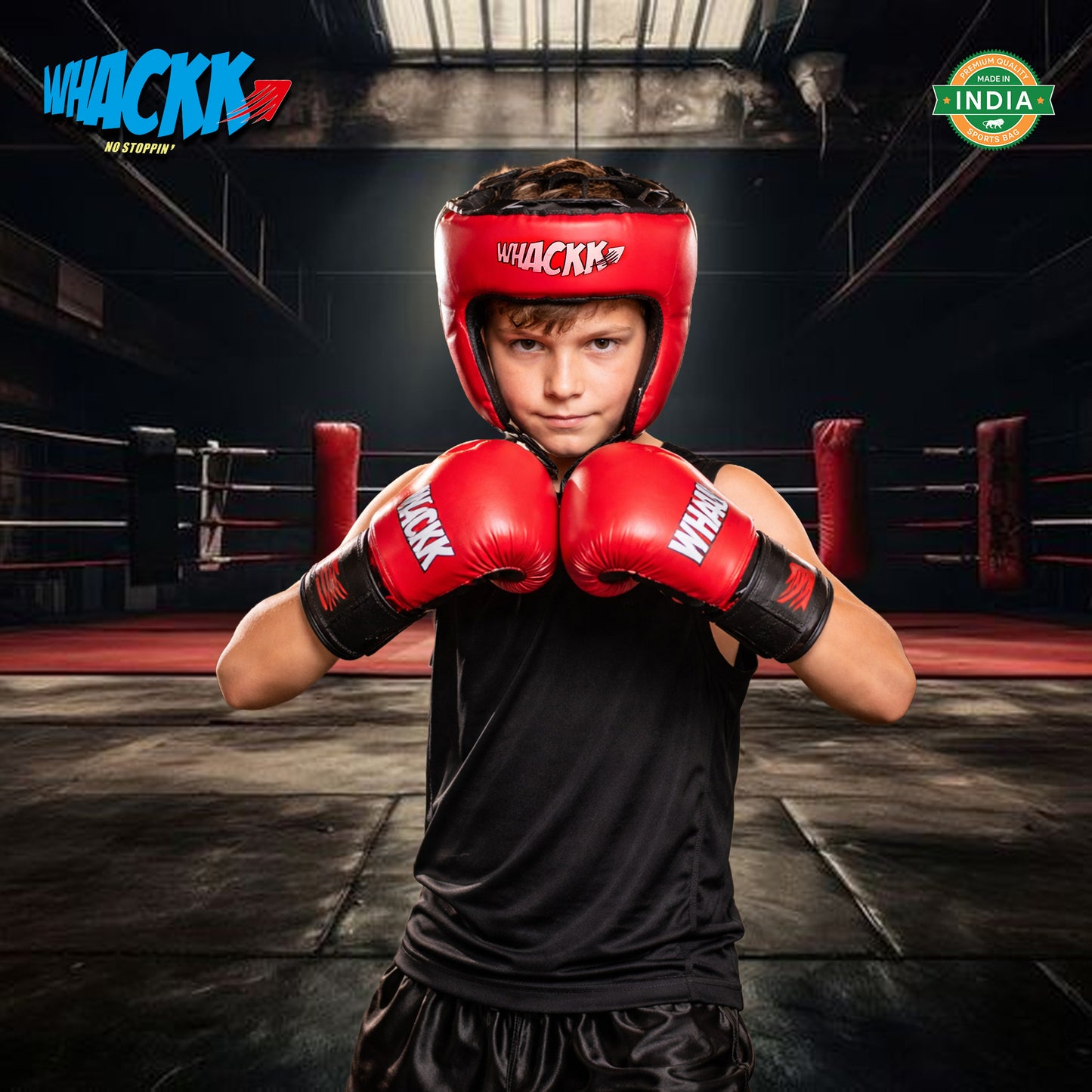 Whackk Red Junior Kids Boxing Kit with Filled Punching Bag, Gloves and Headgear Bounce-Back |Training Bag for Boys & Girls