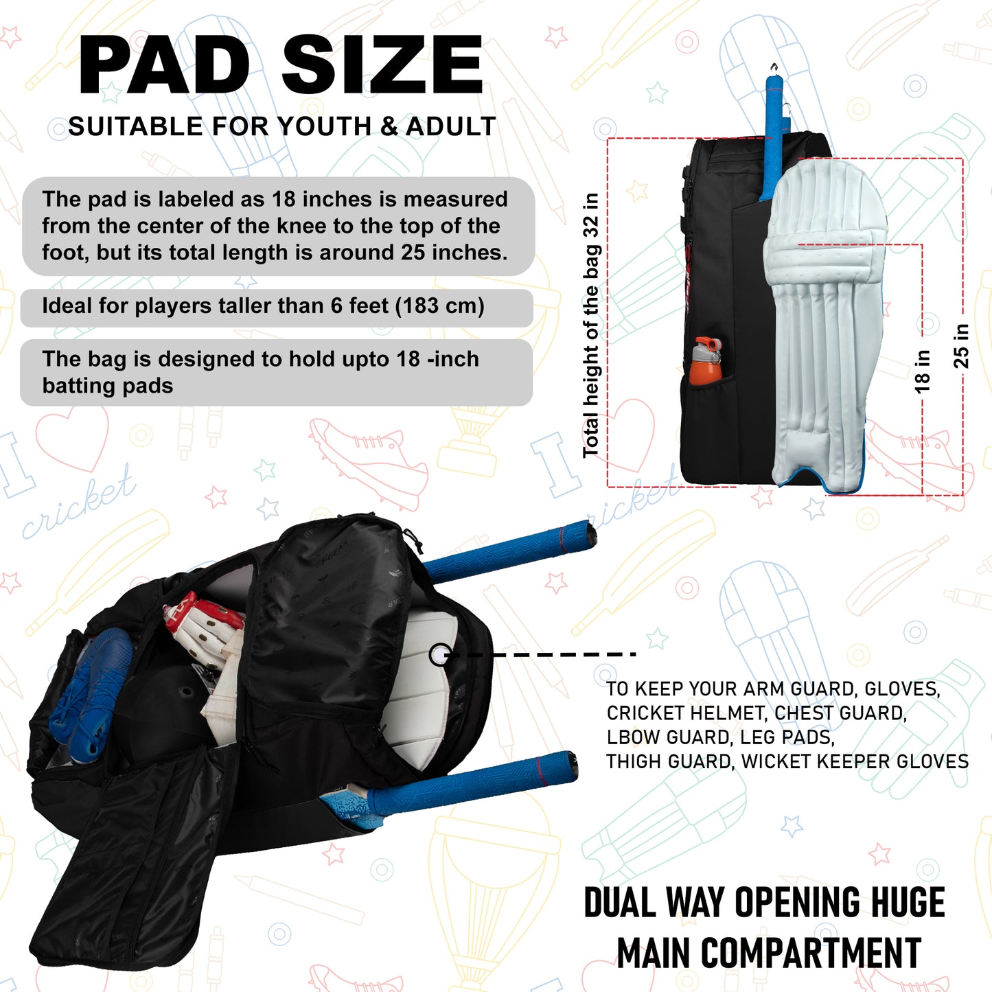 Condor Black 89L Unisex Cricket Kit Bag|Adult Size|2 Bat|Shoe/Helmet Pocket|Main Compartment 20 Inch Leg Pad|2 Bottle Holder|Easy Access Pocket|Player Edition Senior|Stylish Kit Bag