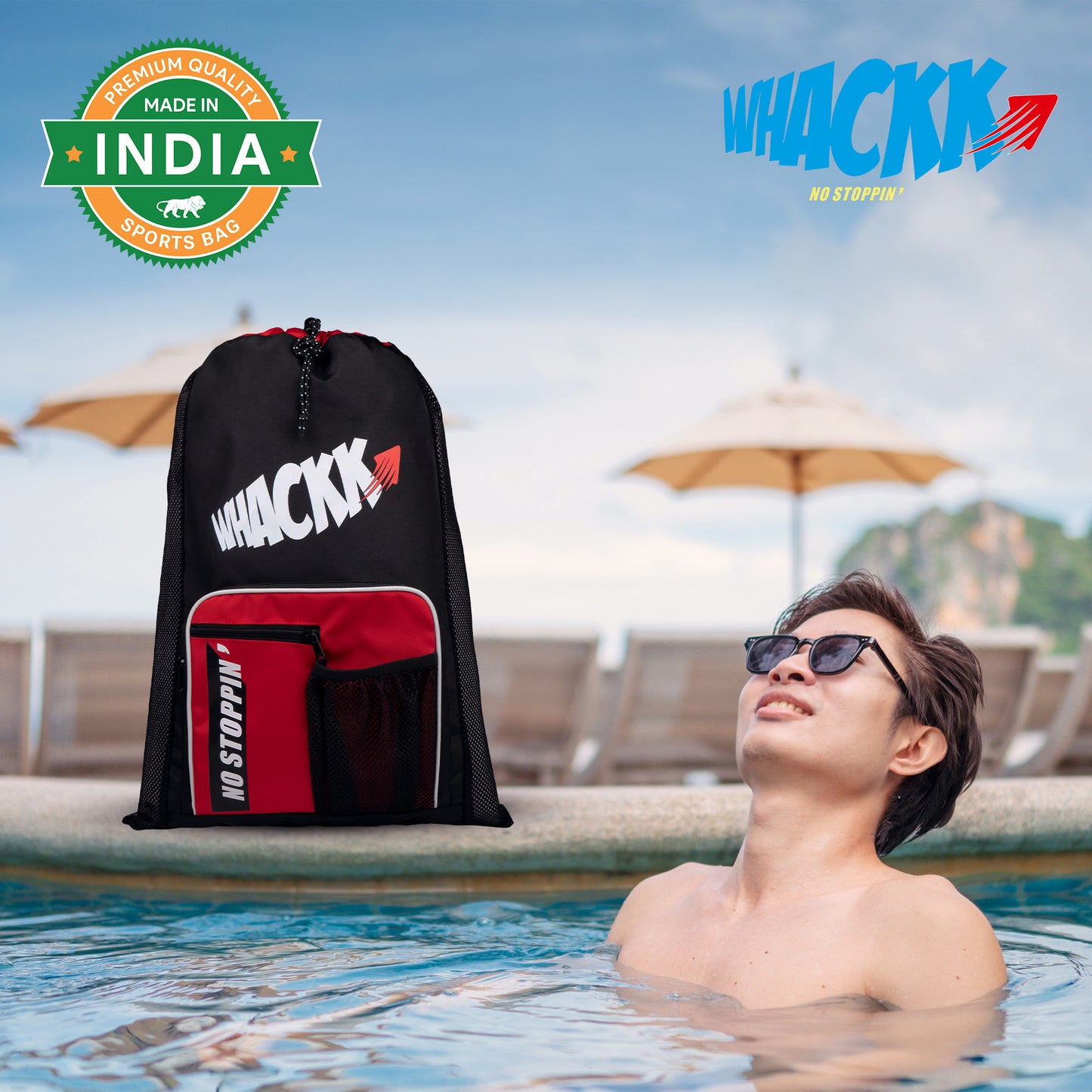 Freestyle Red Black 20L Unisex Swimming Equipment Bag | Water Sports | Wet Dry Compartments Bag | Beach | Drawstring Backpack|Pocket Cap & Goggles Mobile|Lightweight|Water Resistant | Men Women