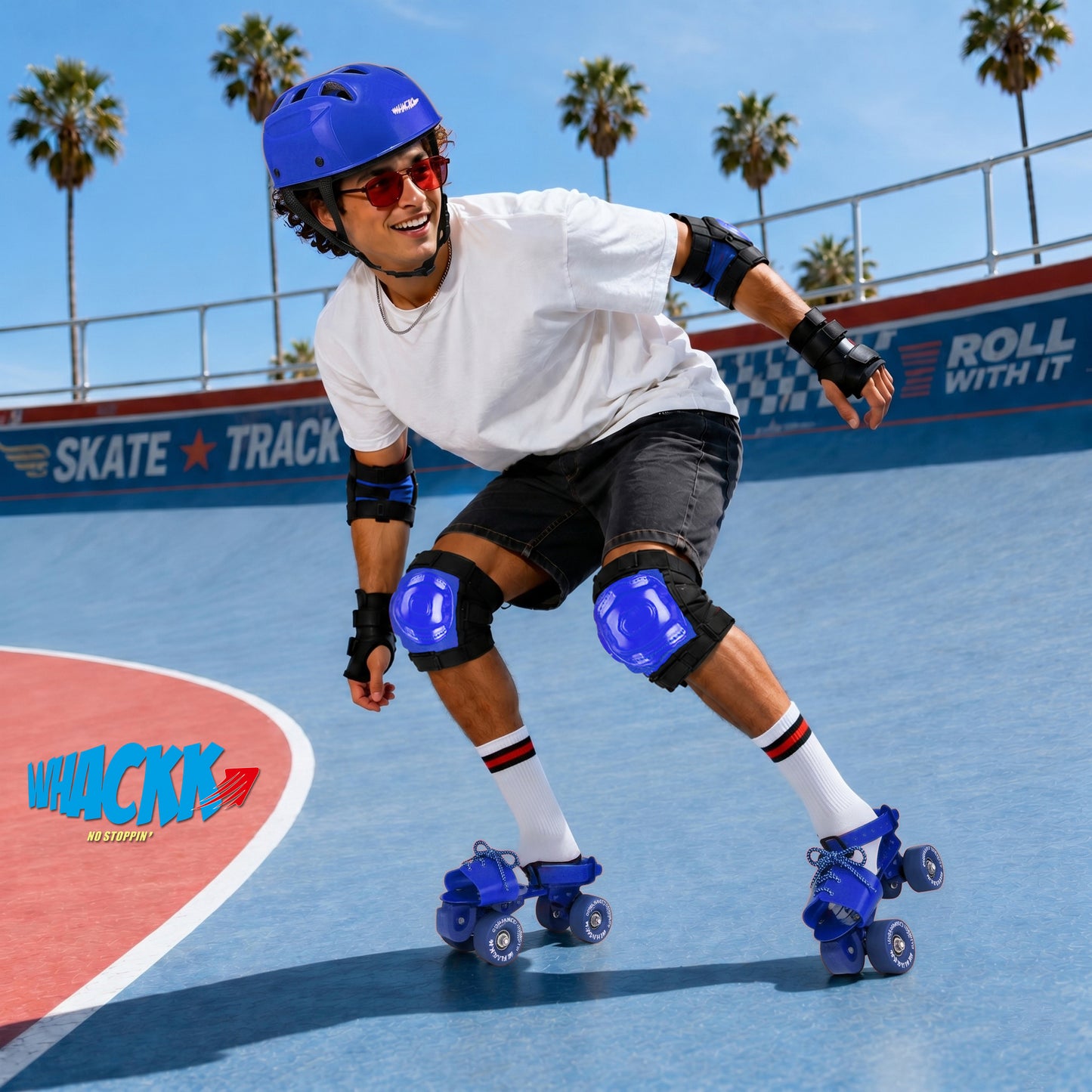 WHACKK Tenacity Commando Blue Senior Adjustable Quad Roller Skates Combo (Skates + Helmet + Knee Guards + Elbow Guards + Carry Bag)| 55 mm Rubber Wheel|21 to 27 cm| Ball Bearing| Secure Buckles & Lace system