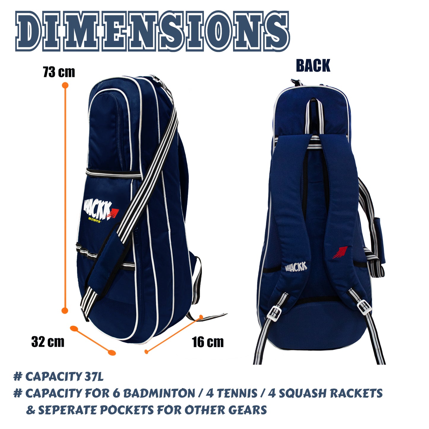 Smash 37L Navy| Unisex Lightweight Tennis Badminton Squash Equipment Cover Kit Bag Shoe Pocket | Air Ventilated Pocket for Wet Clothes | 4T 6B Racket | Backpack & Duffel