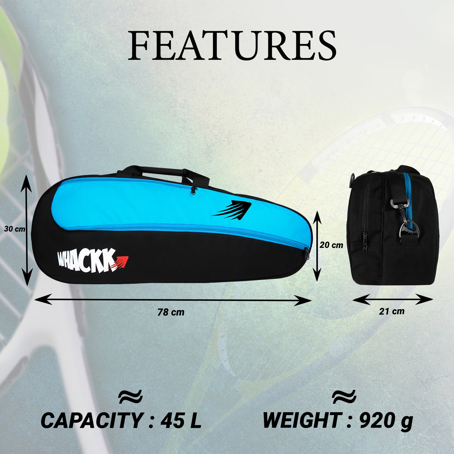 Birdie 45L Black Blue| Unisex Lightweight Tennis Badminton Squash Equipment Cover Kit Bag Shoe Pocket | Air Ventilated Pocket for Wet Clothes | 4T 6B Racket | Backpack & Duffel