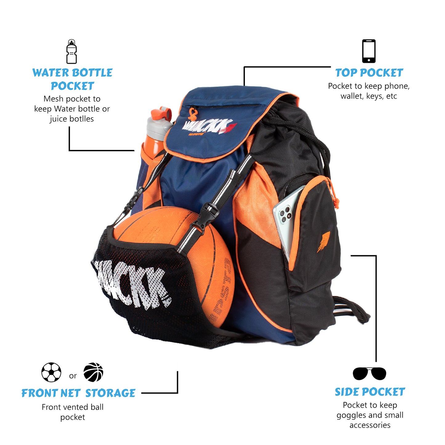 Storm Soccer Volleyball Basketball kit bag 19L Navy Orange
