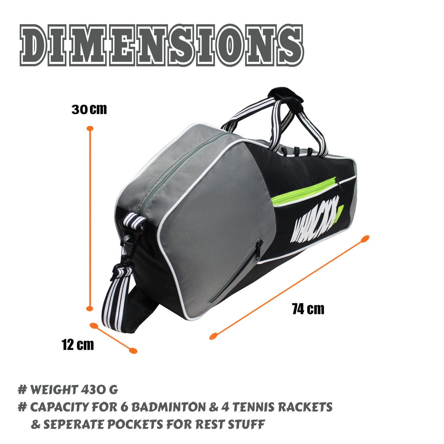 Break Point Black Grey Unisex Lightweight Stylish Tennis Badminton Squash Shuttle Equipment Kit Bag Cover | Water Bottle & Mobile Pocket |Rackets Tennis-4 Squash-4 Badminton-8