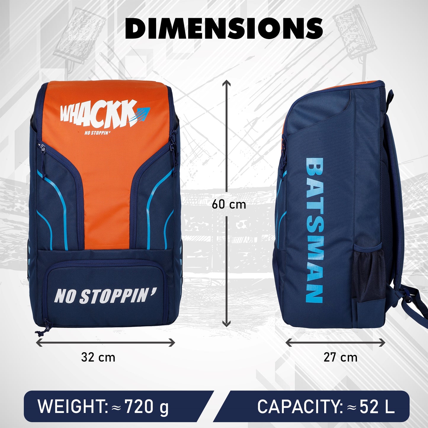 Batsman Cricket Kit Bag 52L Navy Orange