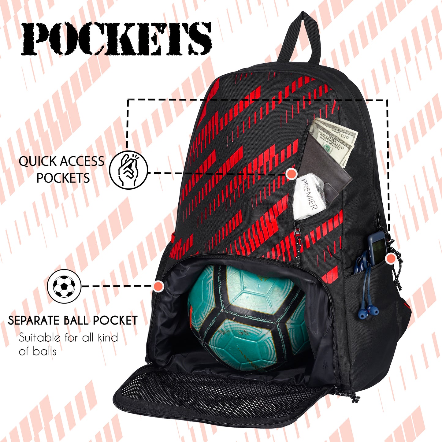 Thunderbolt Soccer Basketball Volleyball Kit Bag 28L Red
