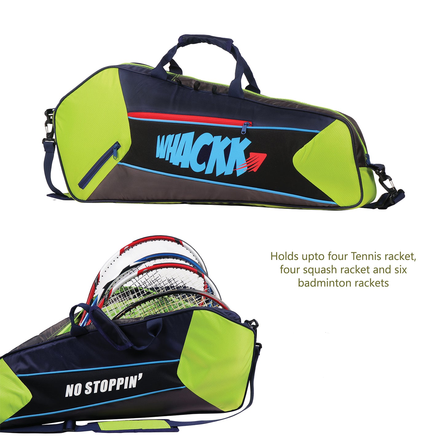Break Point Navy blue F. Green Unisex Lightwieght Stylish Tennis Badminton Squash Shuttle Equipment Kit Bag Cover | Water Bottle & Mobile Pocket |Rackets Tennis-4 Squash-4 Badminton-8