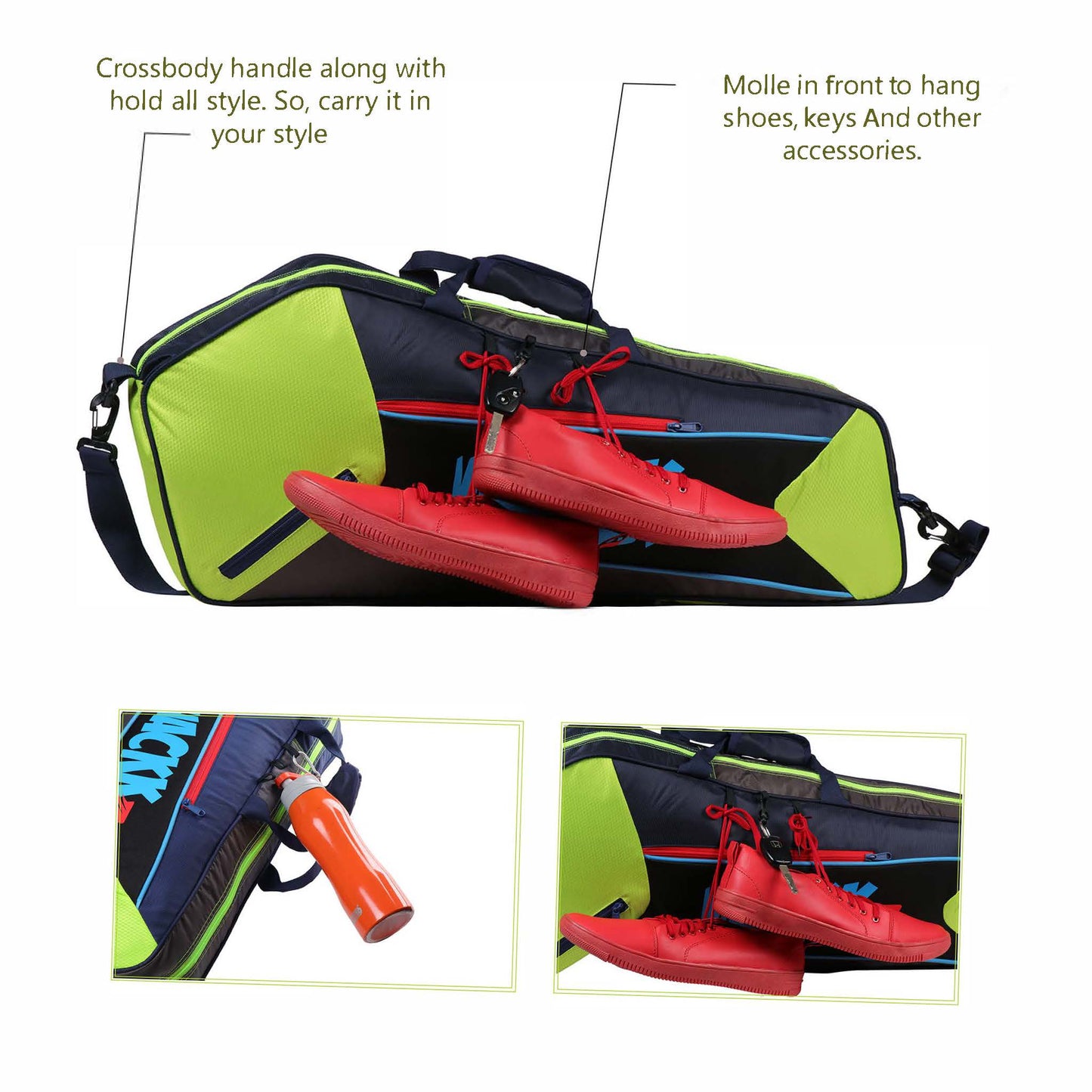 Break Point Navy blue F. Green Unisex Lightwieght Stylish Tennis Badminton Squash Shuttle Equipment Kit Bag Cover | Water Bottle & Mobile Pocket |Rackets Tennis-4 Squash-4 Badminton-8