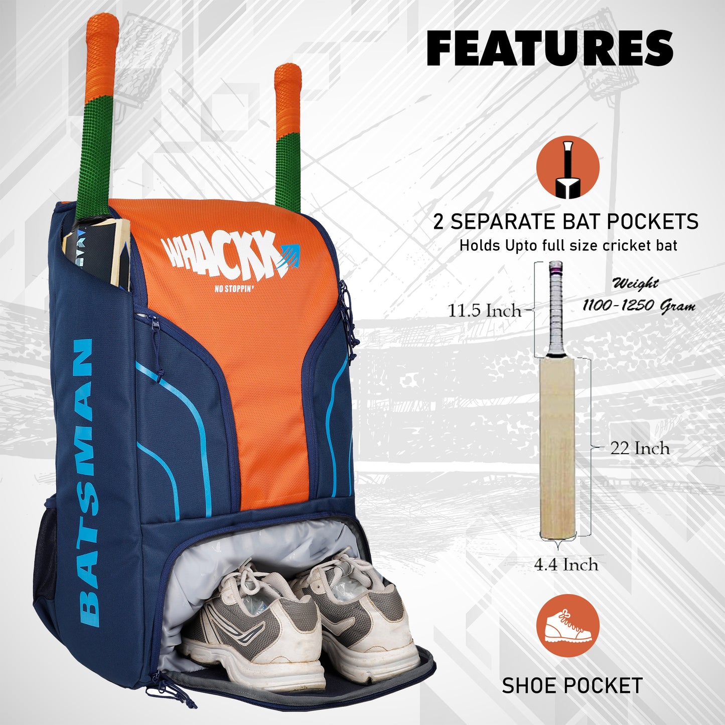 Batsman Cricket Kit Bag 52L Navy Orange