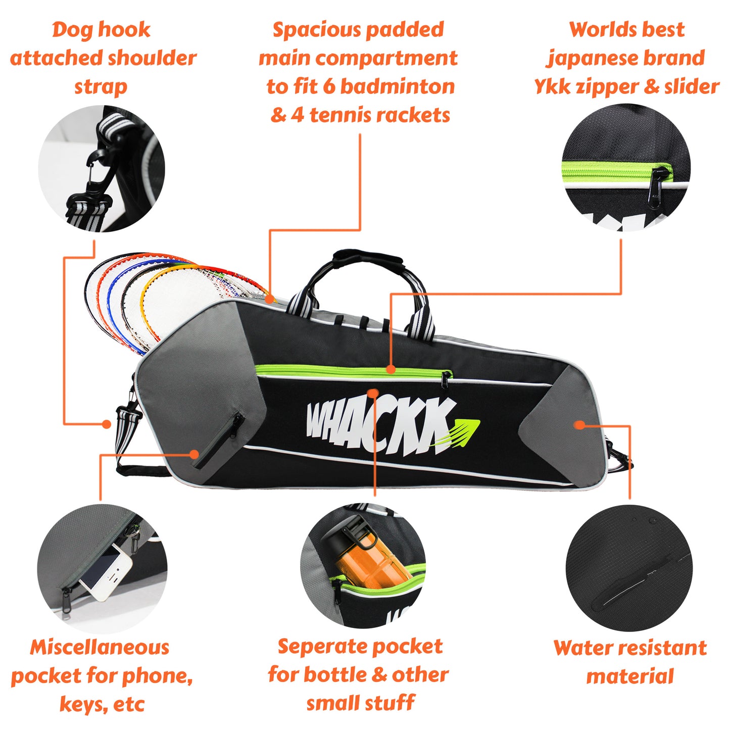 Break Point Black Grey Unisex Lightweight Stylish Tennis Badminton Squash Shuttle Equipment Kit Bag Cover | Water Bottle & Mobile Pocket |Rackets Tennis-4 Squash-4 Badminton-8