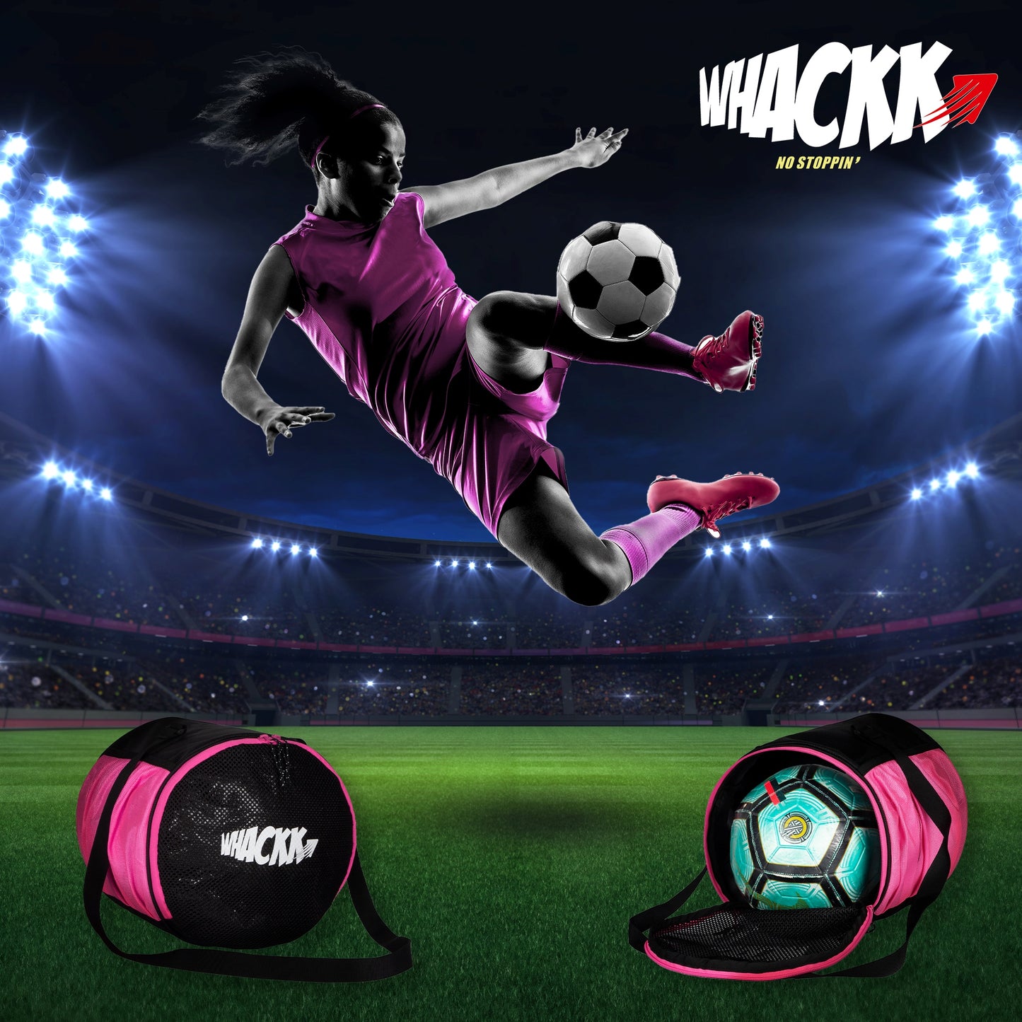 WHACKK Kick Ball Bag Black Pink | Football & Volleyball Carry Bag with Drawstring Closure | Lightweight Sports Ball Carrier for Kids & Adults