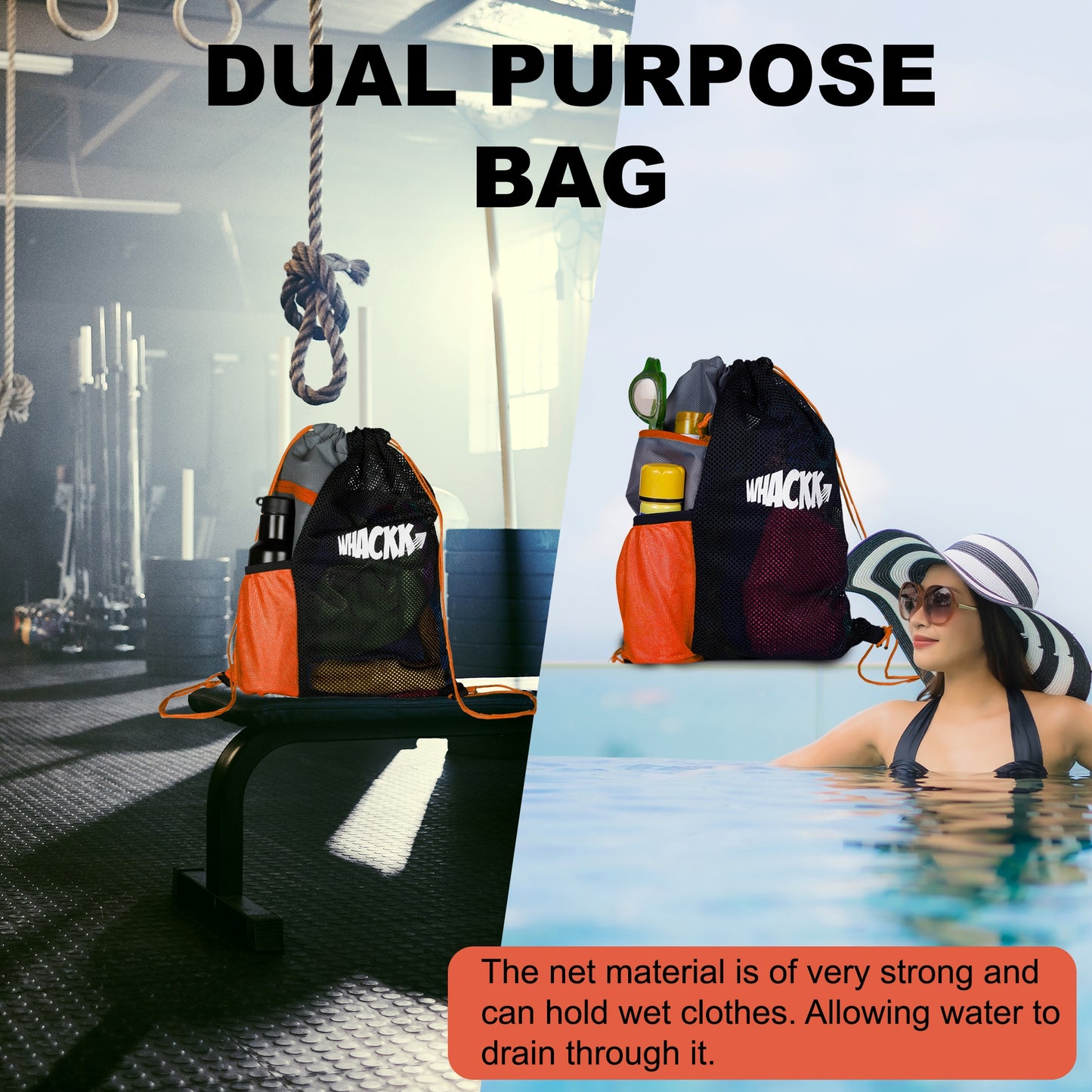 Joss Orange 9L|Sports Bag|Swimming Equipment Bags|Netball Bags|Dry Bags|Drawstring Bag for Shoes & Clothes|Sports Gear|Accessory Pocket |Gym Bag |Tuition Bag|1 Bottle Holder