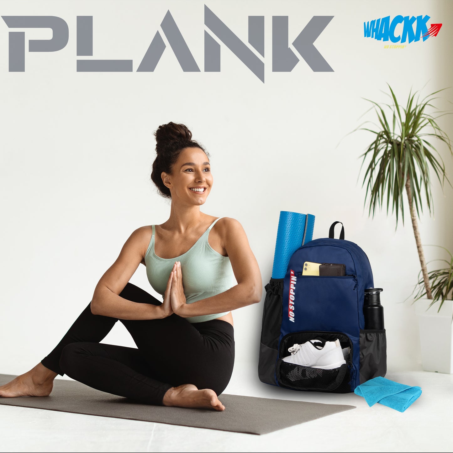 Plank Navy Black 30L Meditation Yoga Aerobics Exercise Gym Mat Carrier Bag Backpack Yoga mat Holder 1 Easy Access Pocket Shoe/Wet Compartment 1 Bottle Holder Padded Shoulder Strap for Men Women