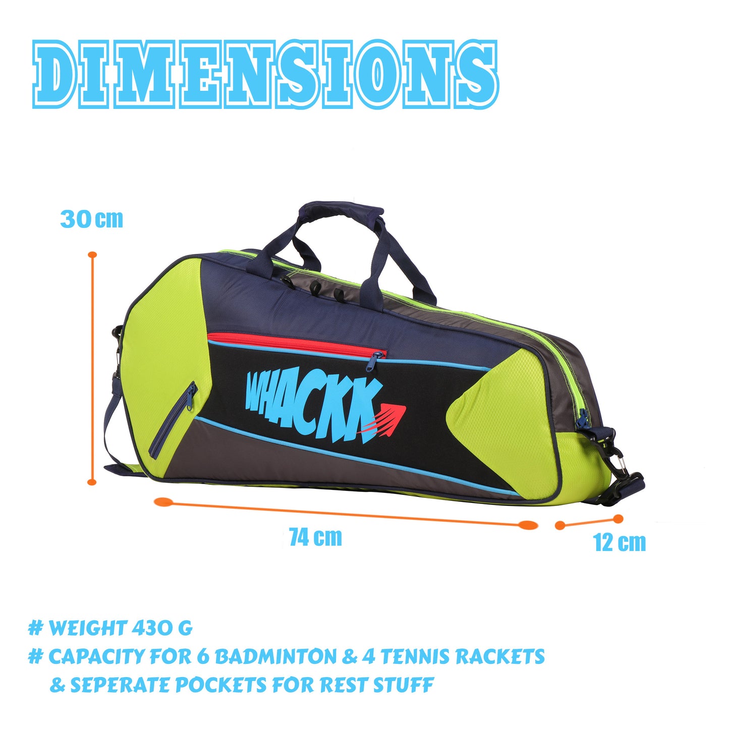 Break Point Navy blue F. Green Unisex Lightwieght Stylish Tennis Badminton Squash Shuttle Equipment Kit Bag Cover | Water Bottle & Mobile Pocket |Rackets Tennis-4 Squash-4 Badminton-8