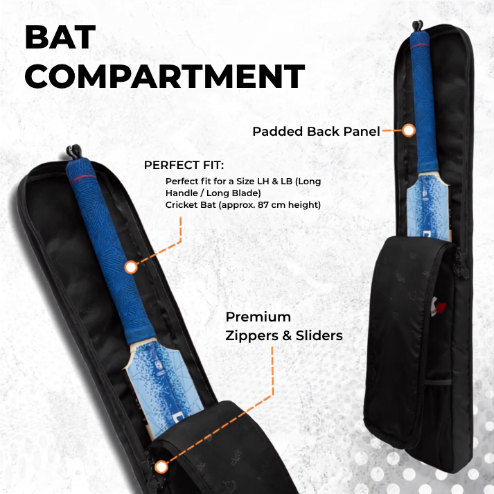 WHACKK Hayden Cricket Kit Bag Black | Full Size Bag with Bat Sleeve, Shoe & Helmet Pocket | Spacious Cricket Bag for Men, Youth & Club Players