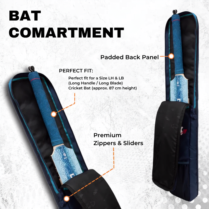 WHACKK Hayden Cricket Kit Bag Blue Navy | Full Size Bag with Bat Sleeve, Shoe & Helmet Pocket | Spacious Cricket Bag for Men, Youth & Club Players