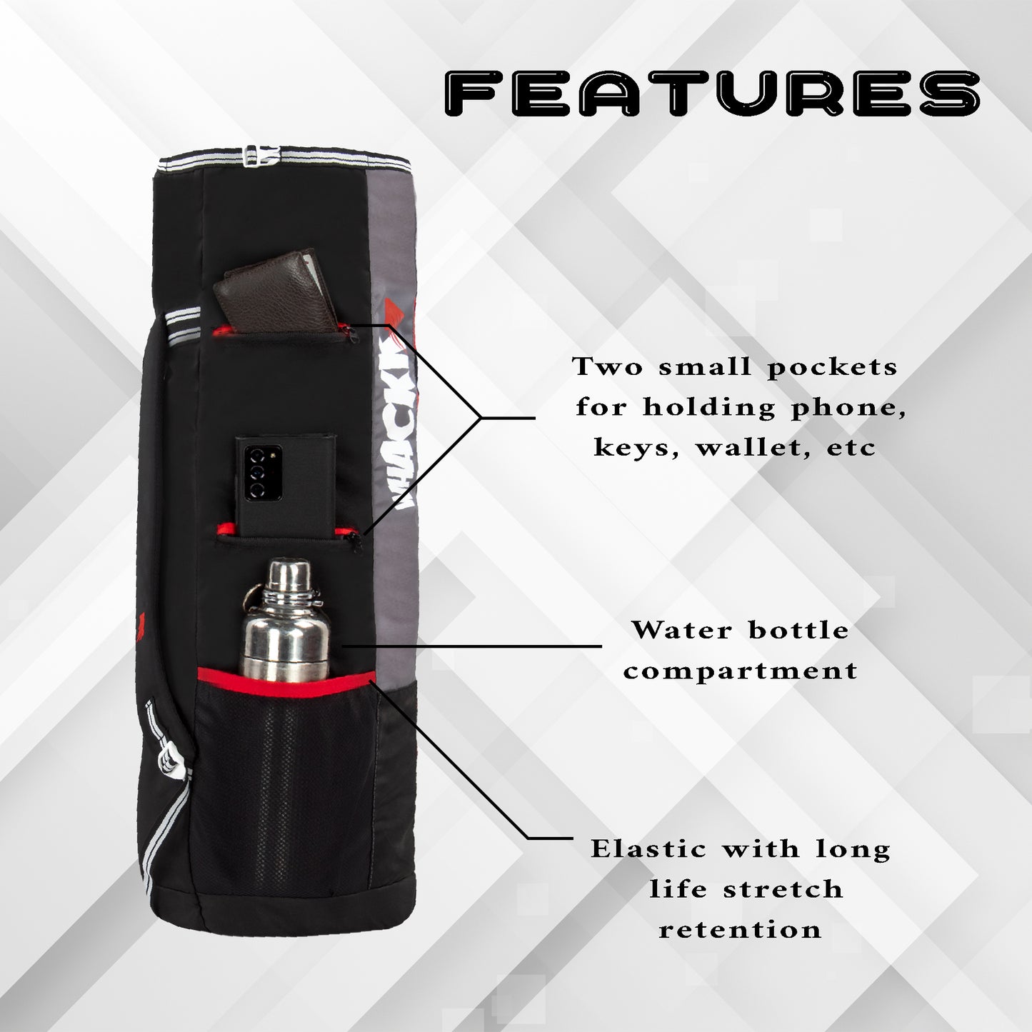 Brute Black Grey Red Unisex Yoga Aerobics Gym Mat Bags Air Ventilated Pocket for Shoes, Front & Top Open, Carry Way with 3-Way Options i.e. Backpack, Holdall or with a Loop