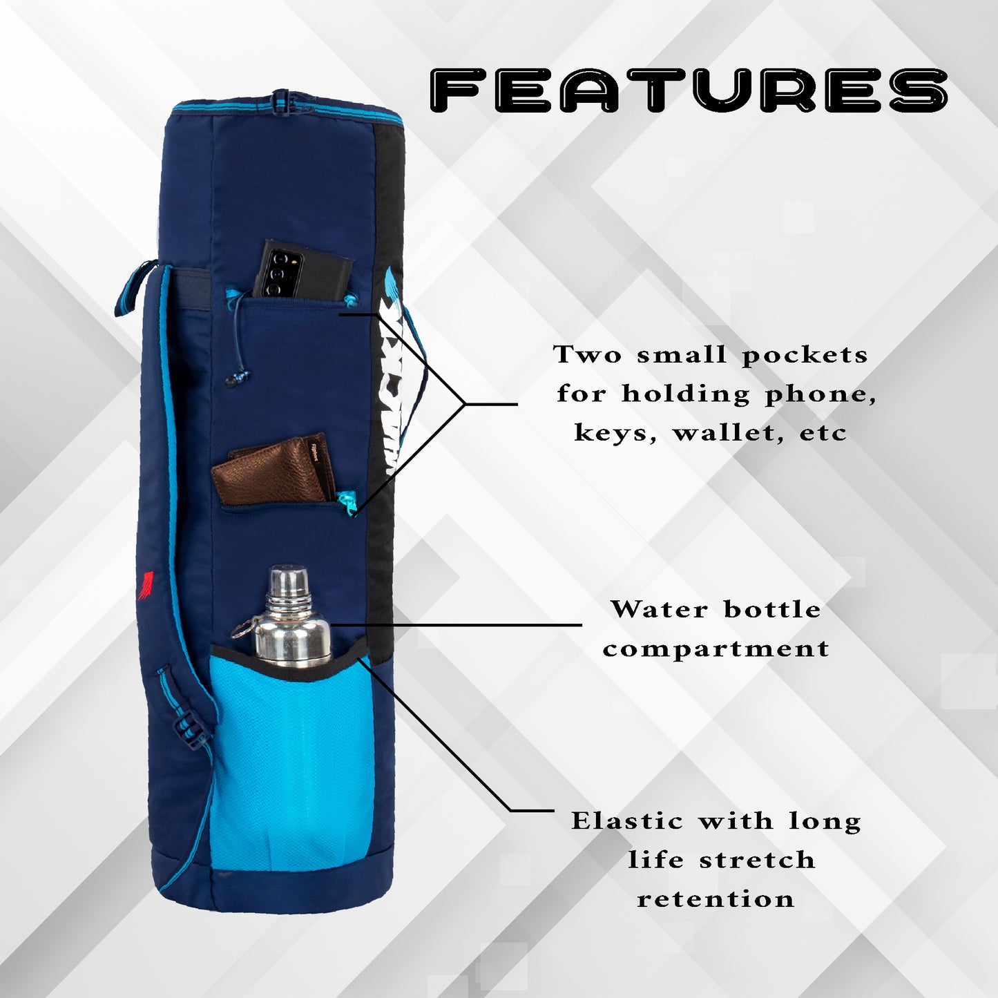 Brute Navy Blue Black Unisex Yoga Aerobics Gym Mat Bags Air Ventilated Pocket for Shoes, Front & Top Open, Carry Way with 3-Way Options i.e. Backpack, Holdall or with a Loop
