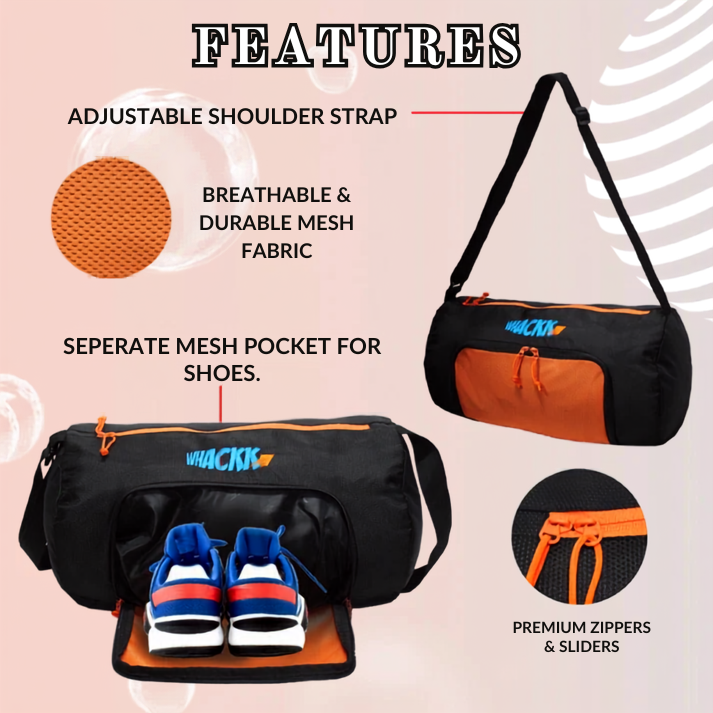 WHACKK Track Gym Bag Orange | Sports Duffle Bag with Shoe Compartment & Adjustable Shoulder Strap | Lightweight Travel Duffel for Men & Women