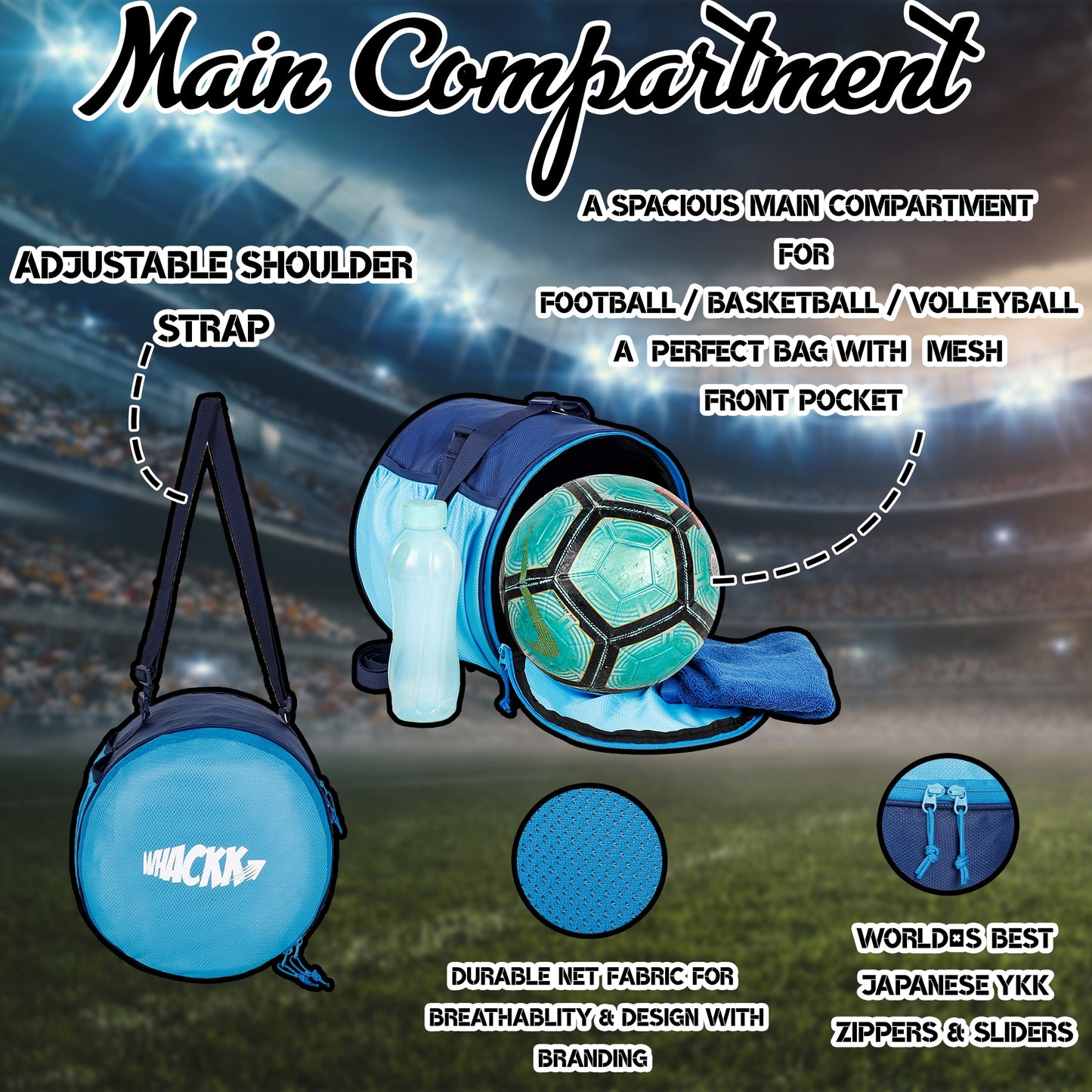 Kick Soccer Navy Blue Football Equipment Bags|Basketball Volleyball Bags |Adjustable Strap Backpack |Easy Access Pocket Mesh Bottle Holders | Ball Bag |Kitbag |Bag