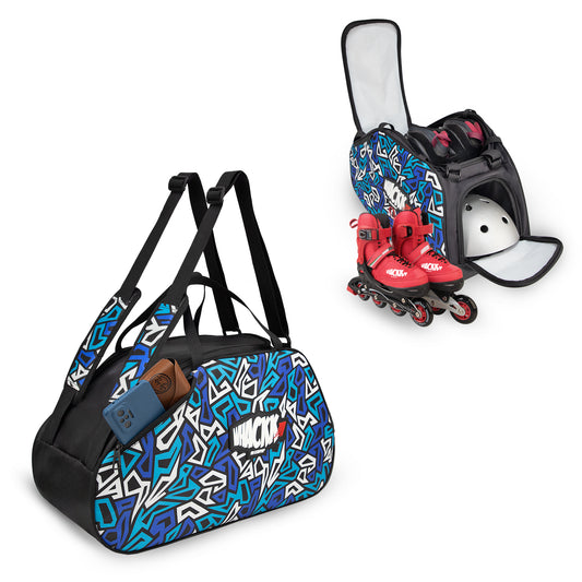 WHACKK Spin 38L Skating Bag Blue Black Print | 3-Way Carry Skate Backpack, Duffle & Shoulder Carrier with Helmet Pocket | Padded Roller Skate Bag for Kids & Adults