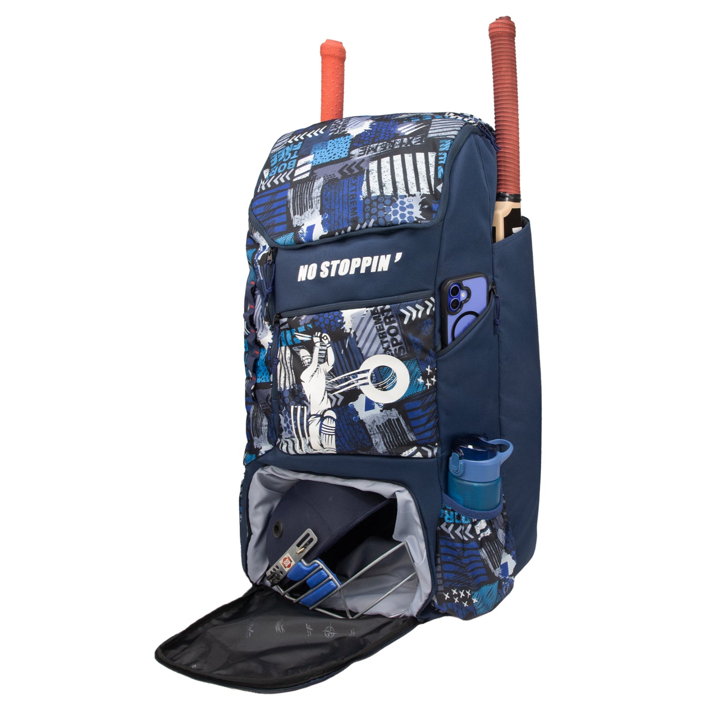 Kallis Navy Printed 103L Unisex Cricket Kit Bag Backpack|Adult Size|2 Bat|Shoe/Helmet Pocket|Main Compartment 18" Leg Pad|2 Bottle Holder|Easy Access Pocket|Player Edition Senior